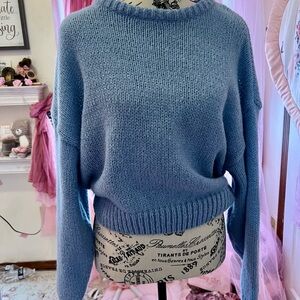 SHEIN Blue Crew Neck Sweater with Ribbed Detailing